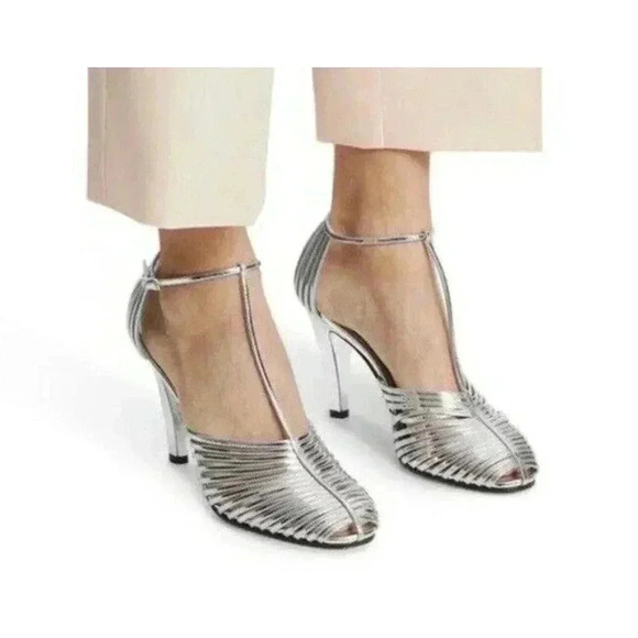 Givenchy Metallic Leather Pumps Shoes 36 6 US T Strap Peep Toe Heel Sandals Cage - Picture 1 of 10
